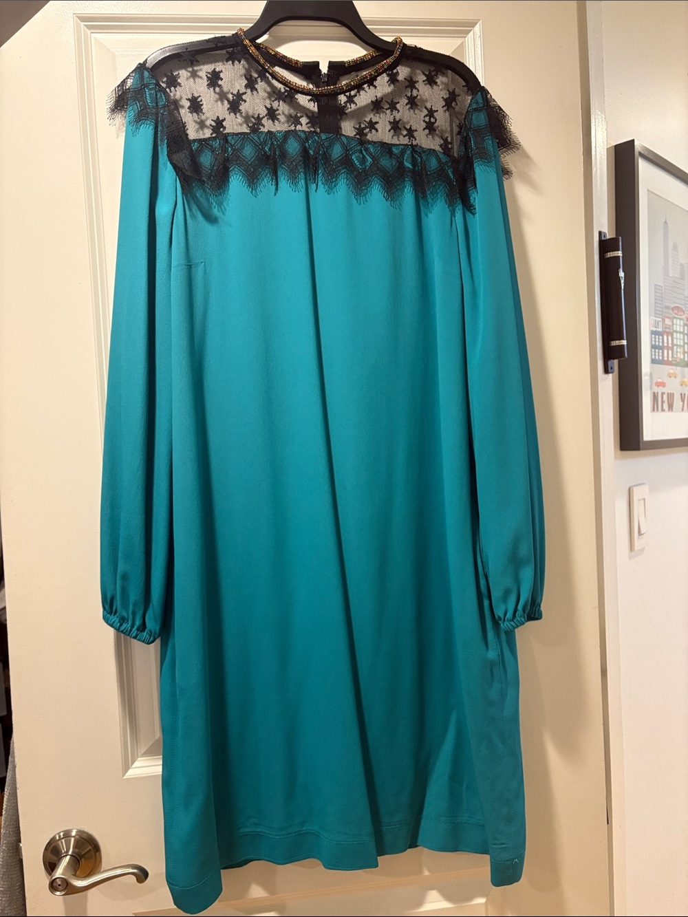 Roberto Cavalli Teal Lace-Yoke Long Sleeve Women’s Dress